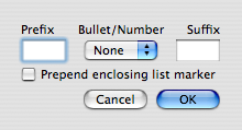 The Sheet for lists in TextEdit